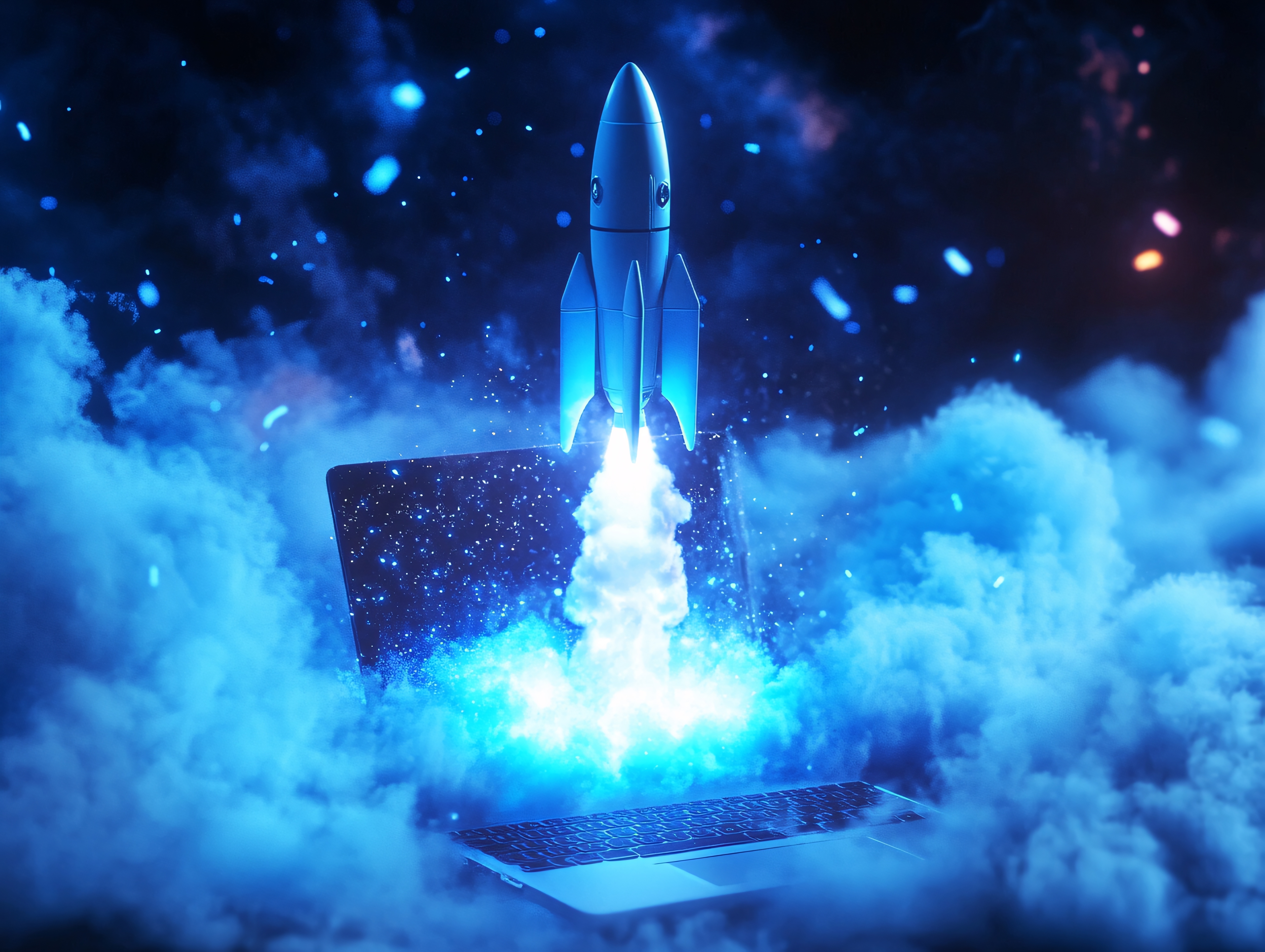Rocket launching from a laptop, symbolizing the launch of a digital product