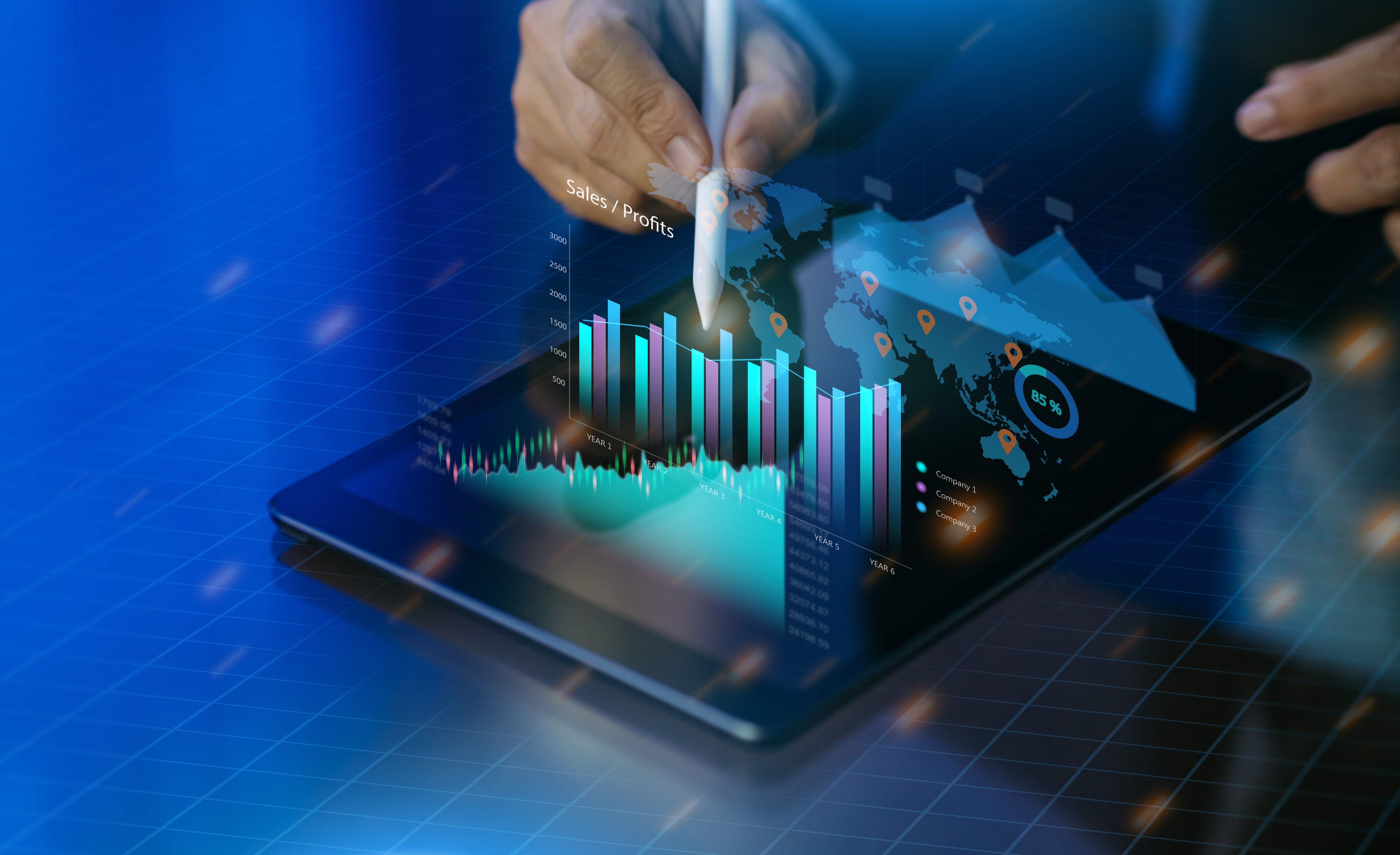 Tablet with insurance analytics and policy data, used by an agent in a digital insurance portal