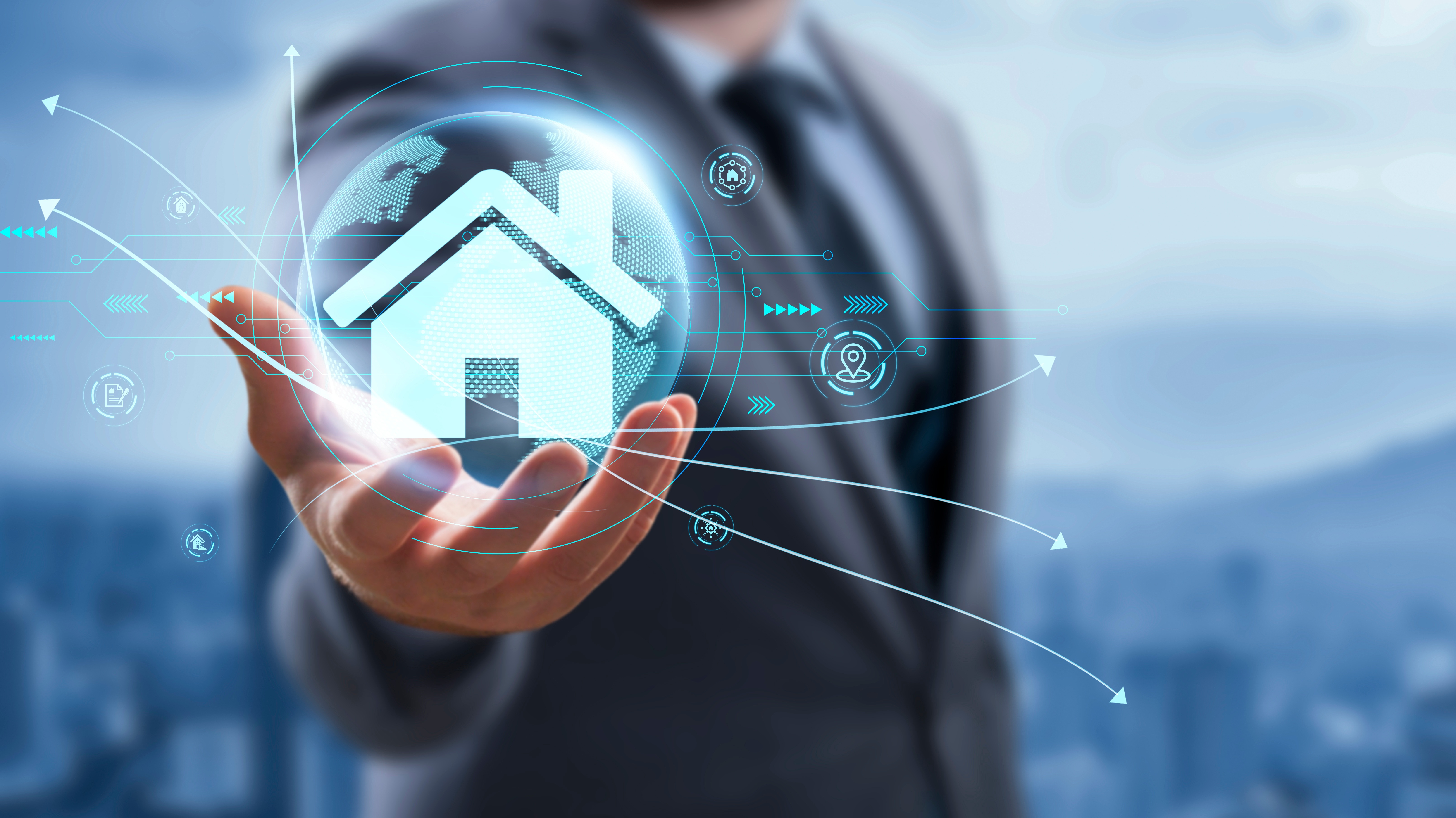 Person holding a holographic house with data charts, representing a mortgage analysis and lending application