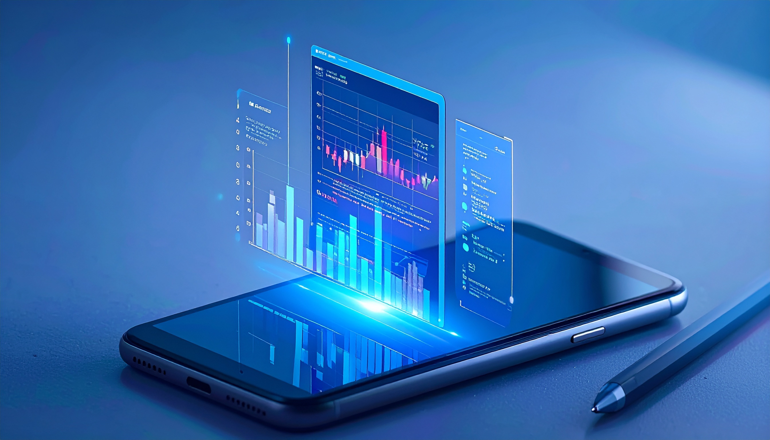 Mobile phone with interactive data visualizations, representing mobile application development