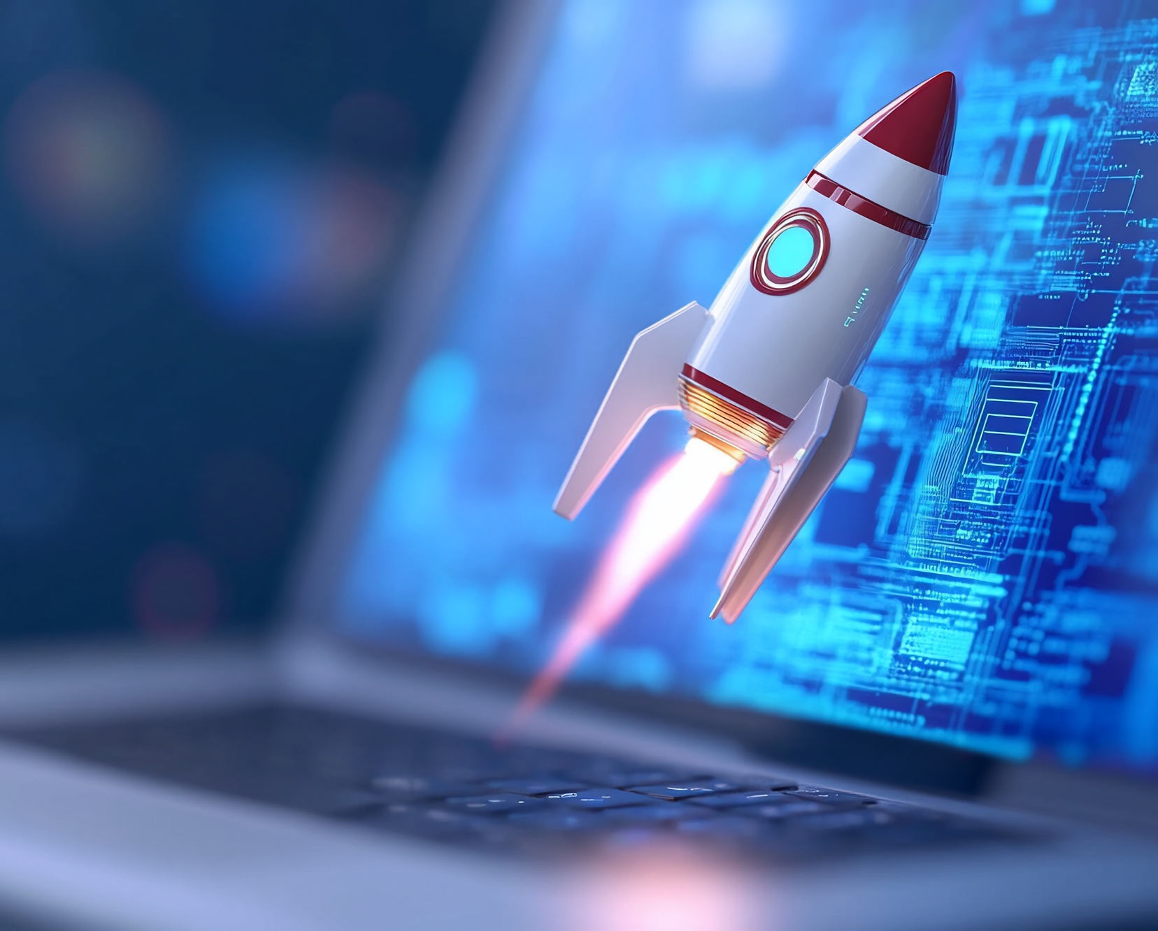 Rocket launching from a laptop, representing the development and launch of web applications