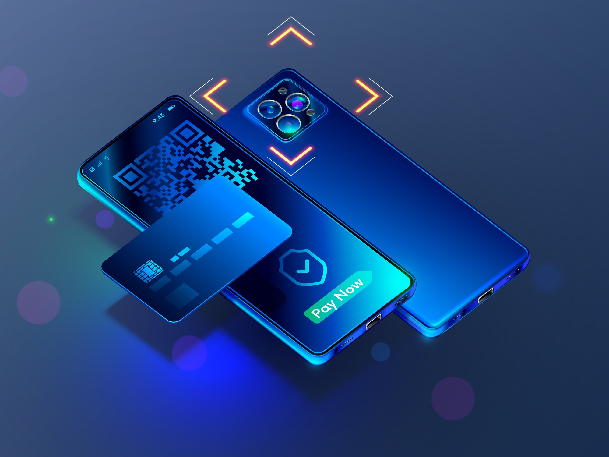 Smartphone with a QR code and payment card, representing fintech and digital payments