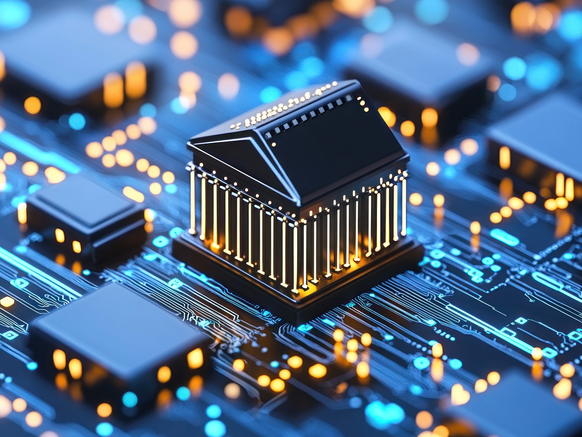 Government building integrated into a digital circuit, representing govtech and public sector digitalization