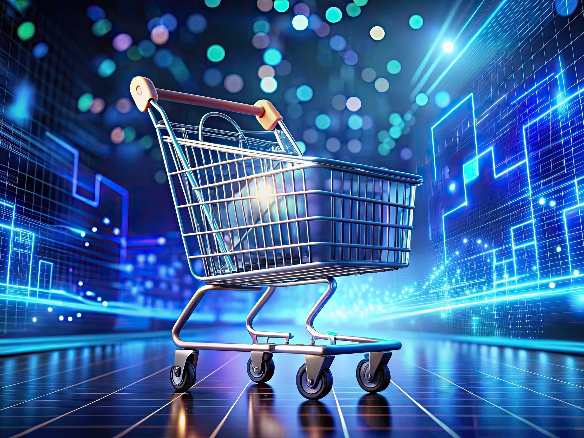 Shopping cart in a digital environment, representing e-commerce and online marketplaces