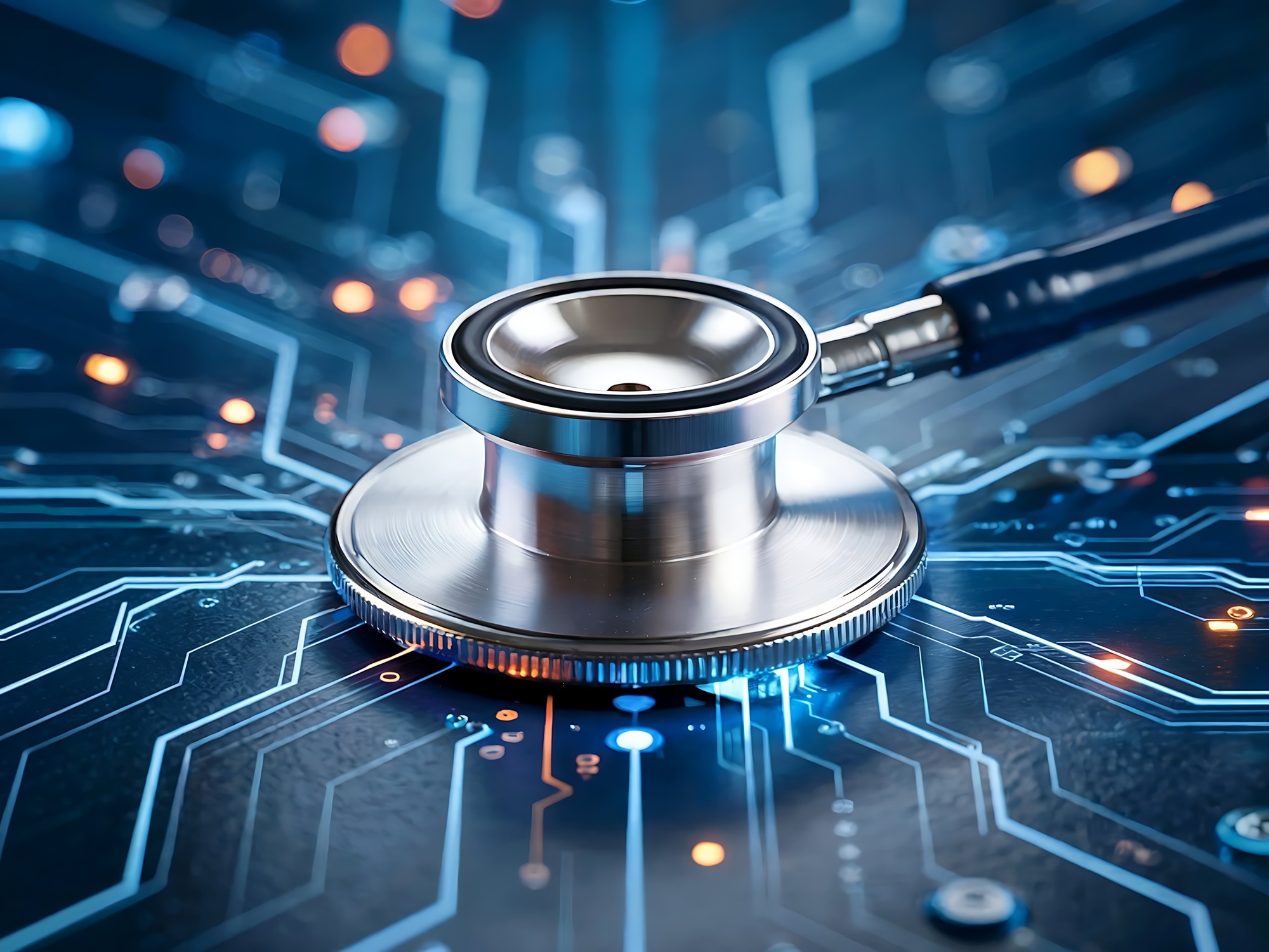Stethoscope on a digital circuit, representing healthcare digital products and medical software
