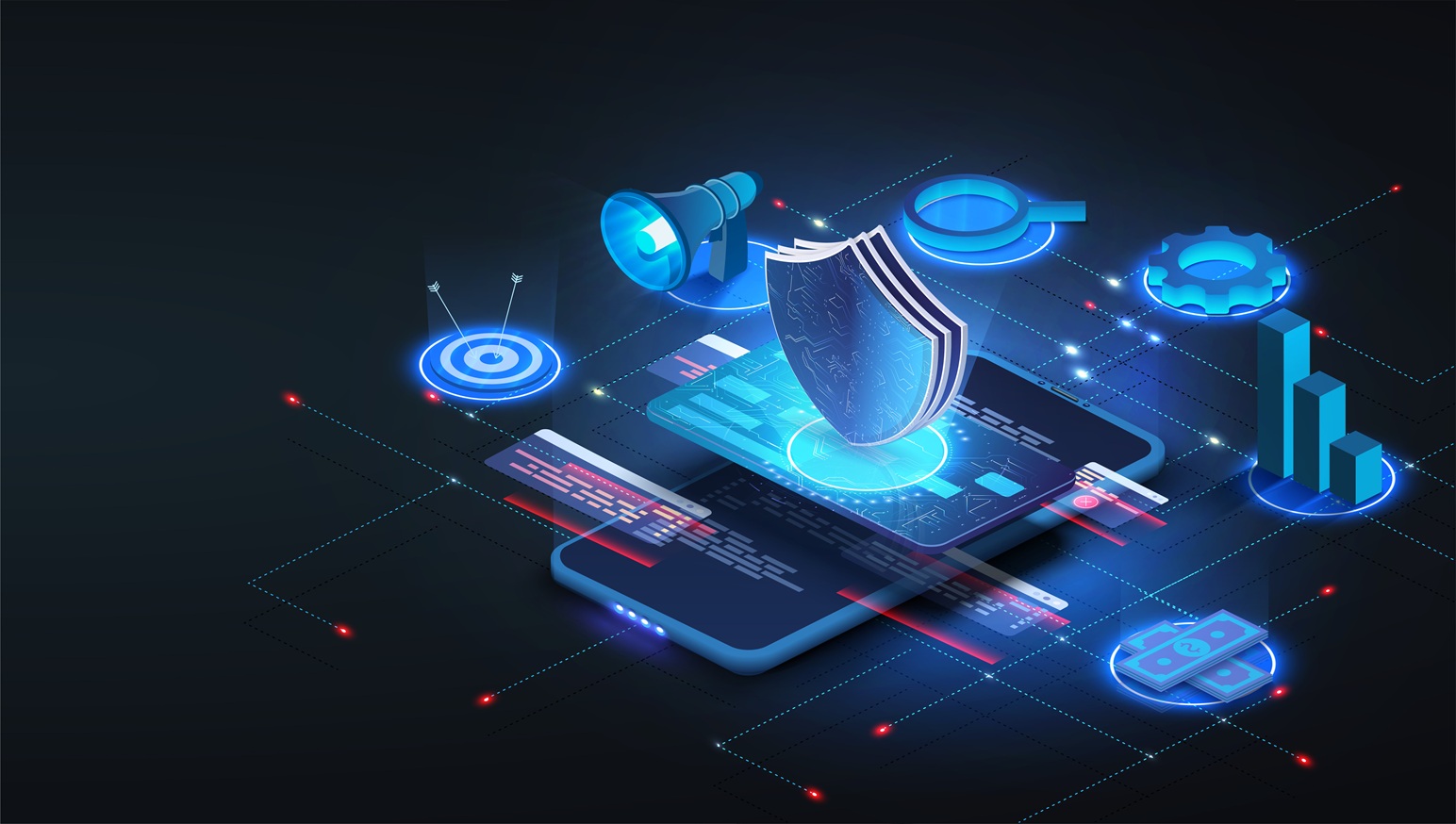 Illustration of a mobile app with security shield and digital icons representing secure software development, collaboration and data-driven product engineering at Syntelise